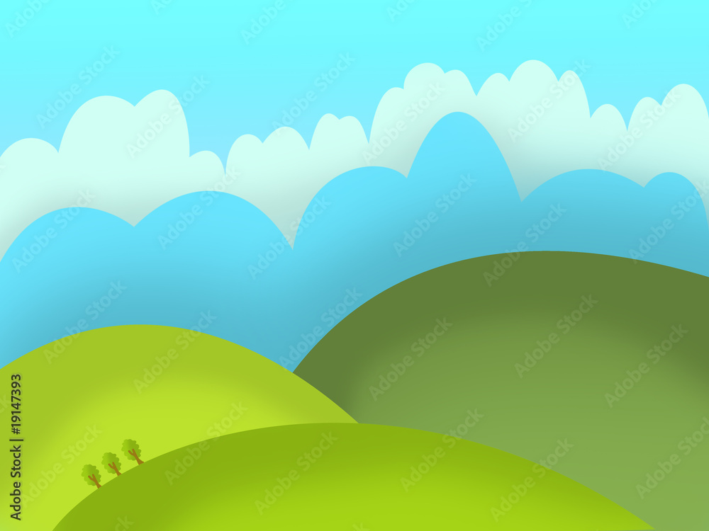 Drawn landscape with green hills, sky and clouds.