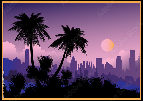 Urban landscape with palm-trees. Vector art-illustration.