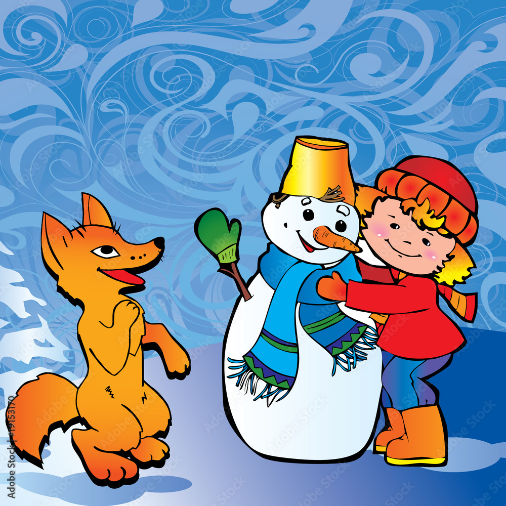 Naklejka premium Cute little girl with snowman and fox. Happy childhood.