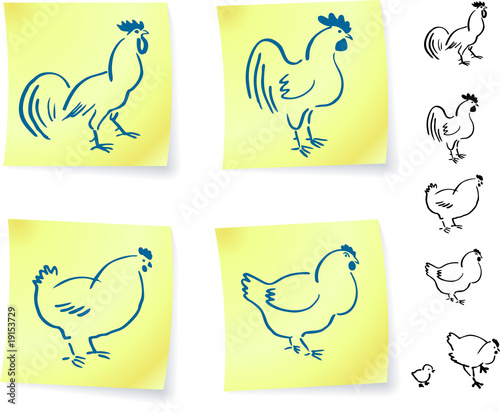 rooster and chickens on post it notes