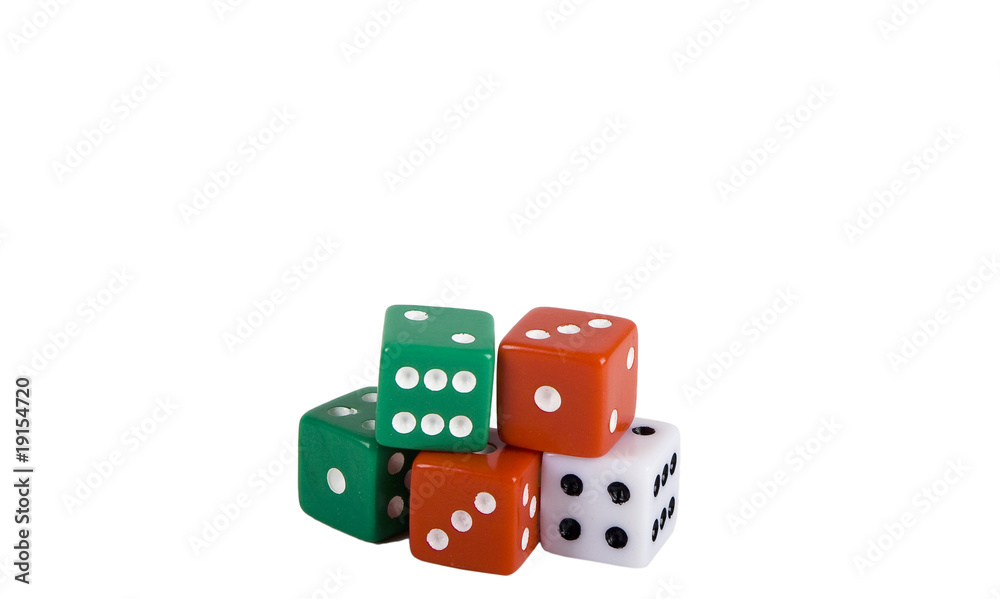 Christmas colored dice isolated on white