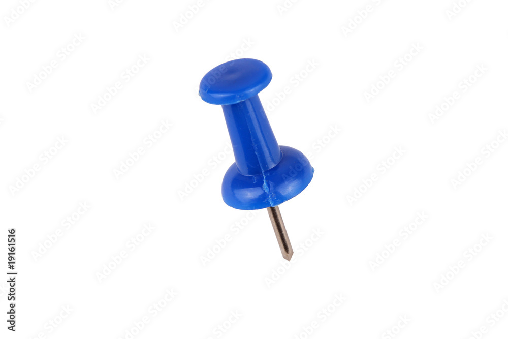 Macro of blue push pin over white background Macro of blue push pin over white background