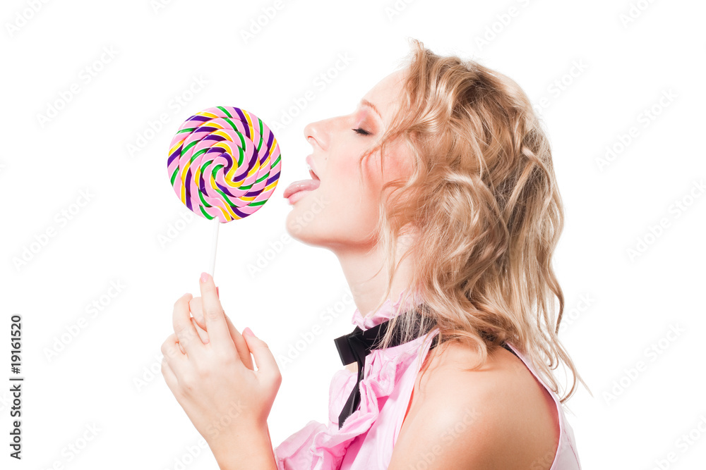 Blond girl lick lollipop