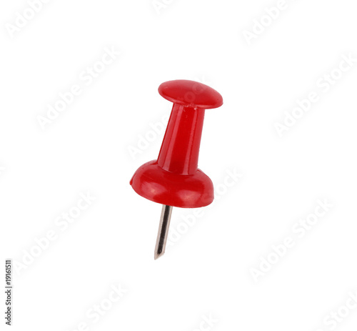 Macro of red push pin over white background
