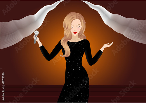 beauty vector girl in black dress with stars sings song