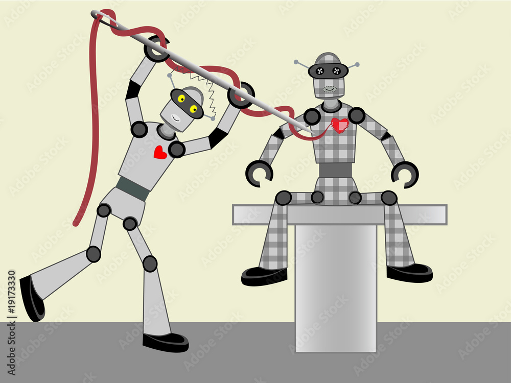 Metal Robot Sewing Fabric Robot together Vector Illustration Metal Robot Sewing Fabric Robot together Vector Illustration