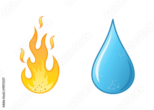 stylish hot flame  and water drop on white background