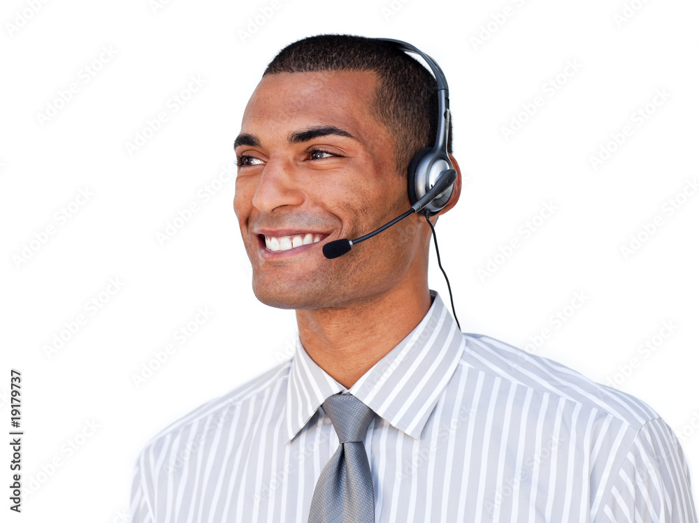 Confident Afro-american customer service agent with headset on Confident Afro-american customer service agent with headset on