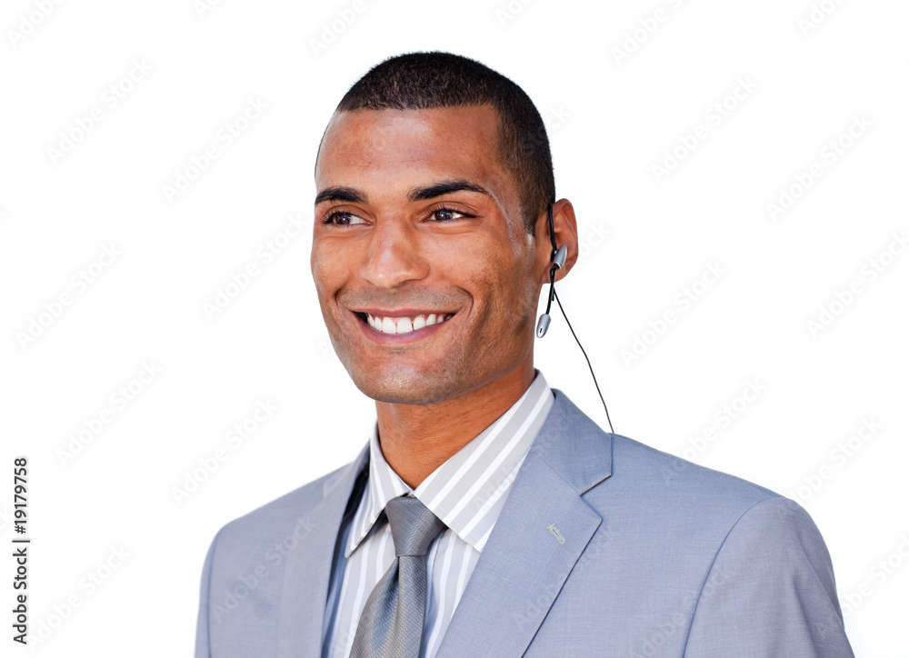 Confident businessman with headset on against Confident businessman with headset on against