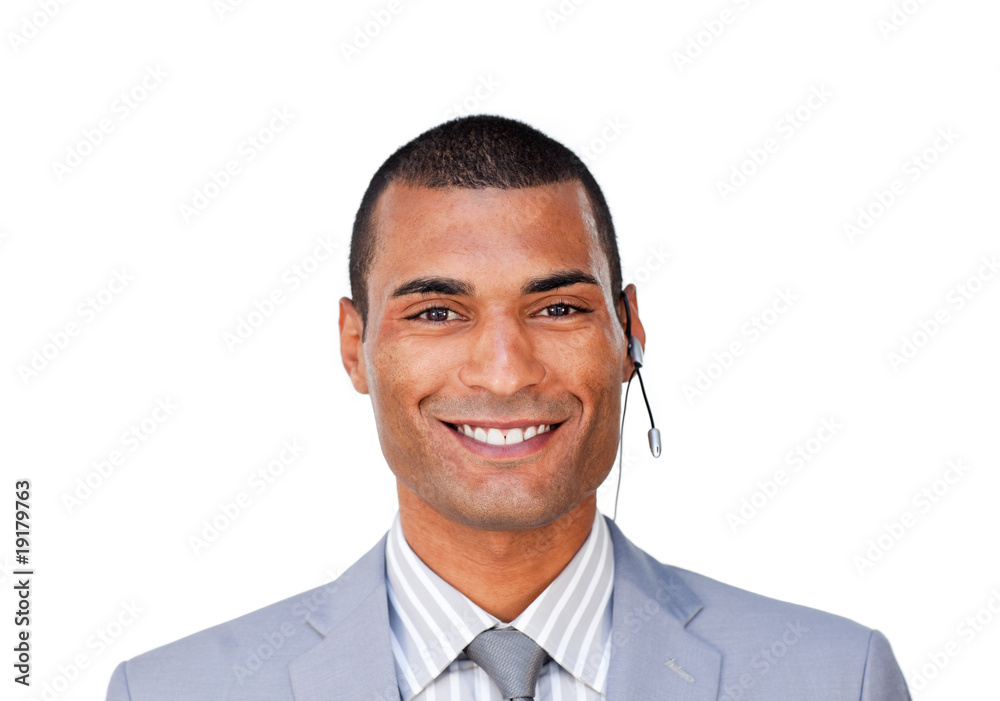 Smiling young customer service agent with headset on Smiling young customer service agent with headset on