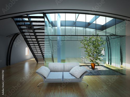 Modern empty interior with plant and sofa