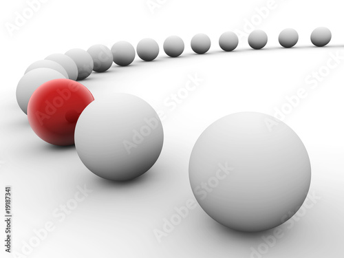 Uniqueness concept. Row of white balls  with red one.