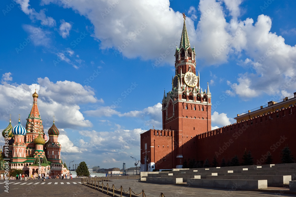 St Basil's Cathedral and Spasskaya tower on Red Square, Moscow St Basil's Cathedral and Spasskaya tower on Red Square, Moscow