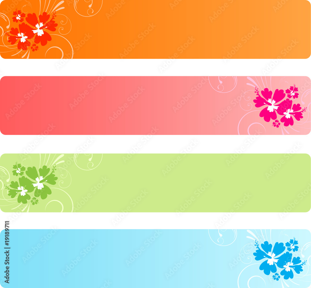 Four colorful banners with hibiscus floral design