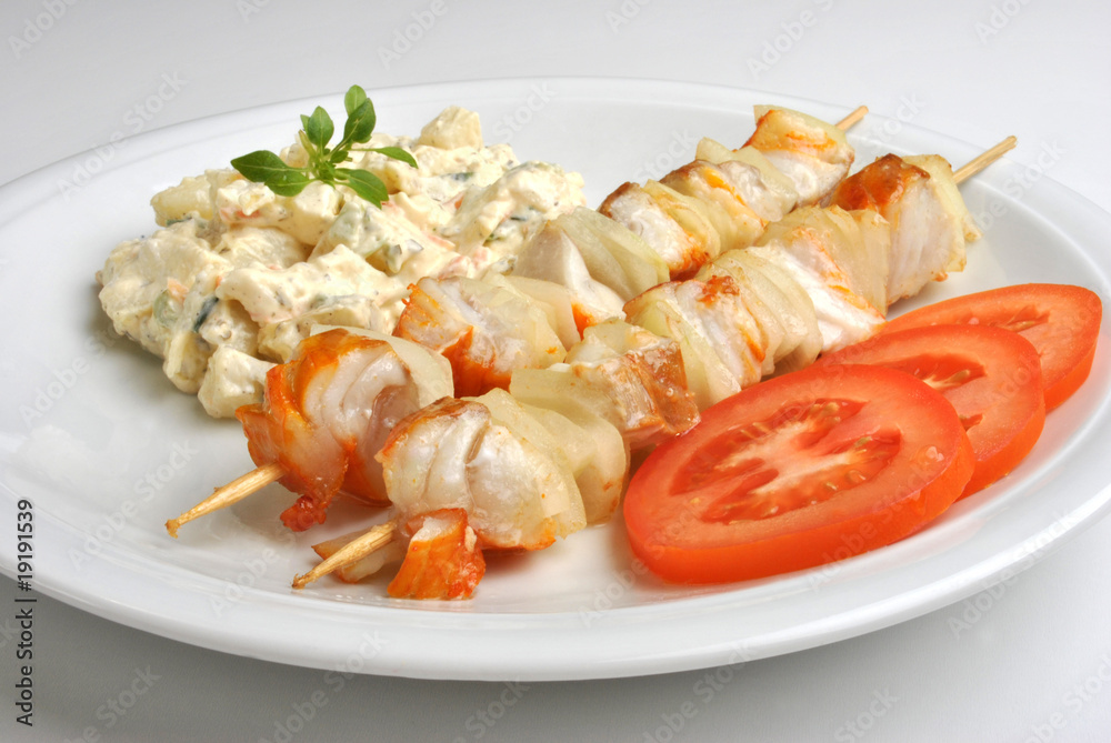 fresh home made potato salad with salmon shashlik fresh home made potato salad with salmon shashlik