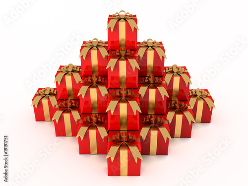 A render of a pile of presents over a white background