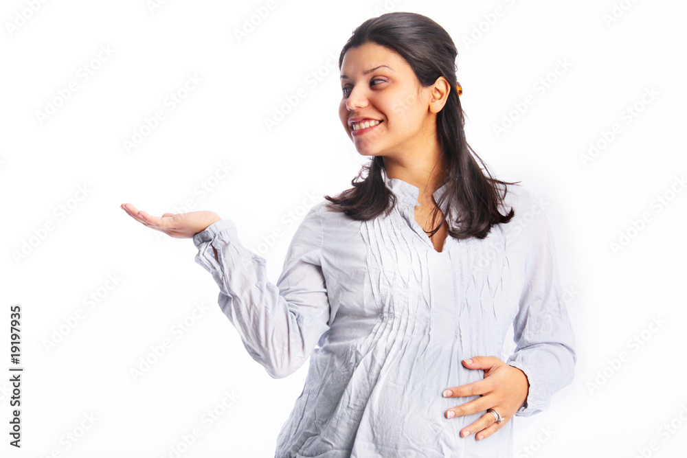 Expectant pregnant mother presenting with hand Expectant pregnant mother presenting with hand