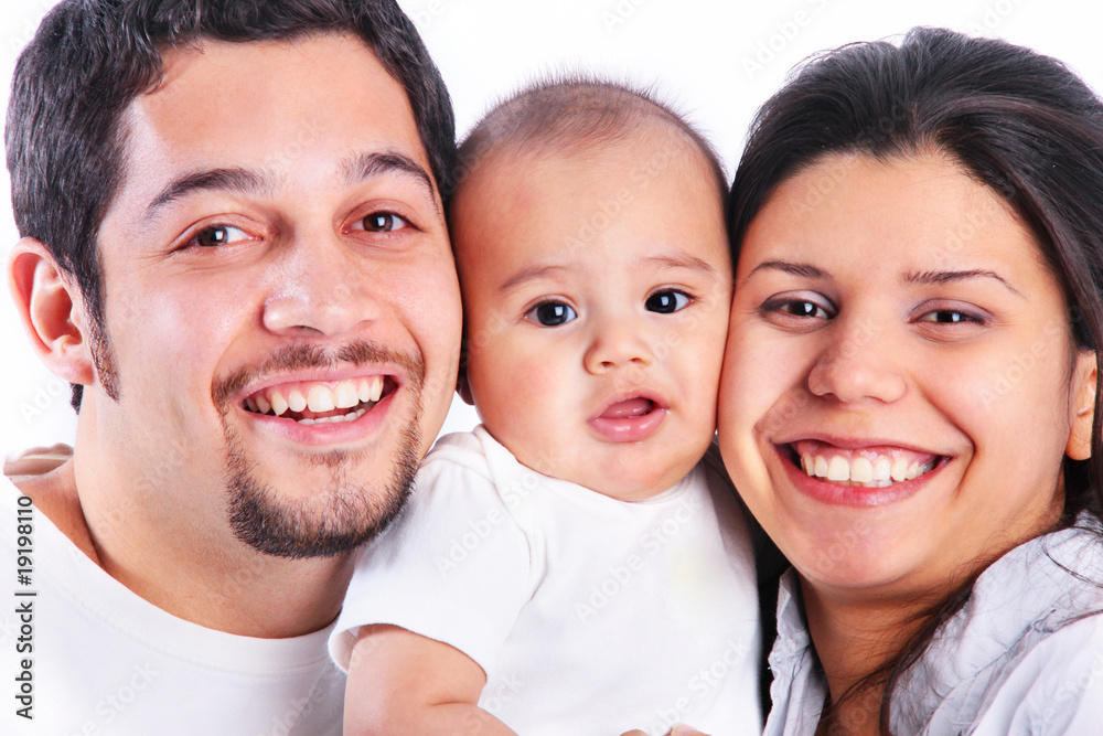 Fotografie Happy couple with baby son faces