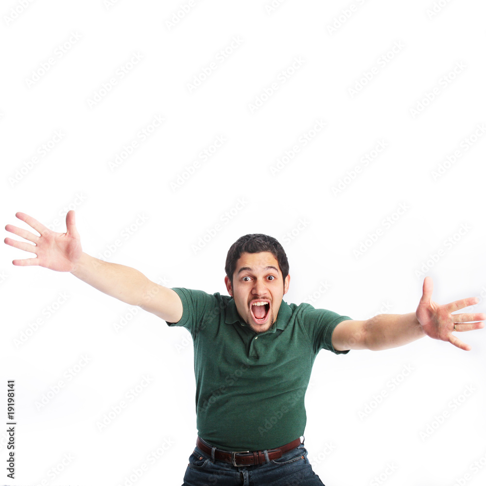 Excited young man with hands extended out