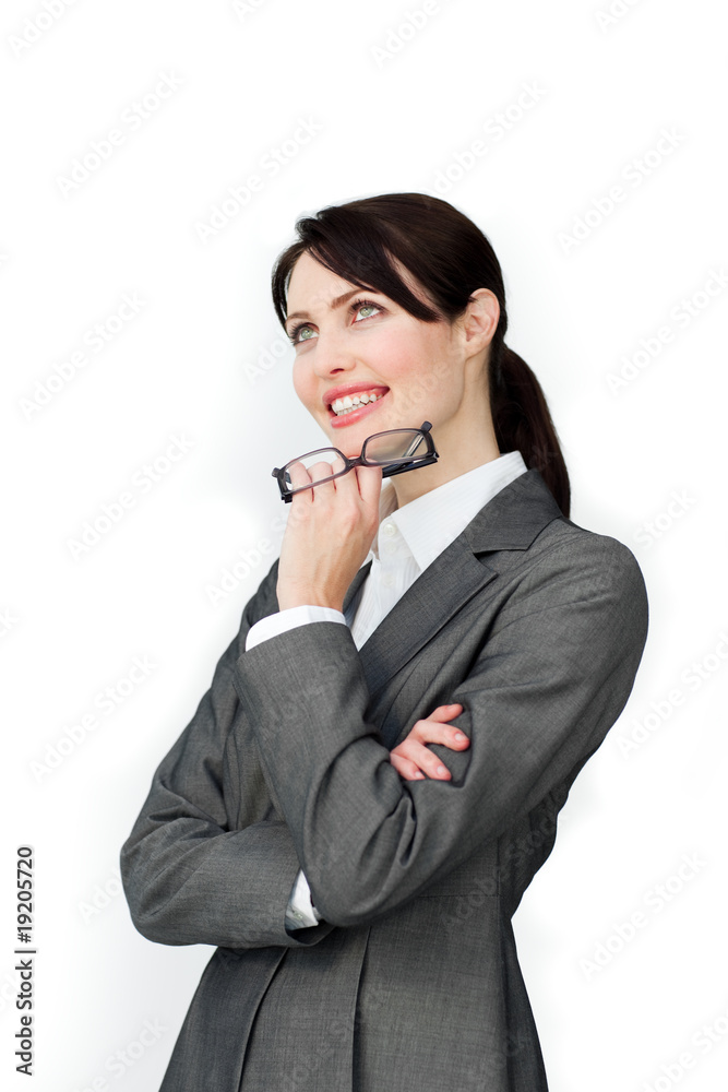 Positive businesswoman holding glasses Positive businesswoman holding glasses