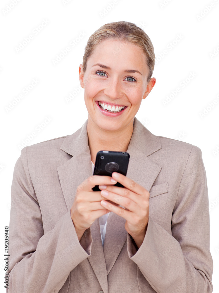 Bright businesswoman sending a text Bright businesswoman sending a text