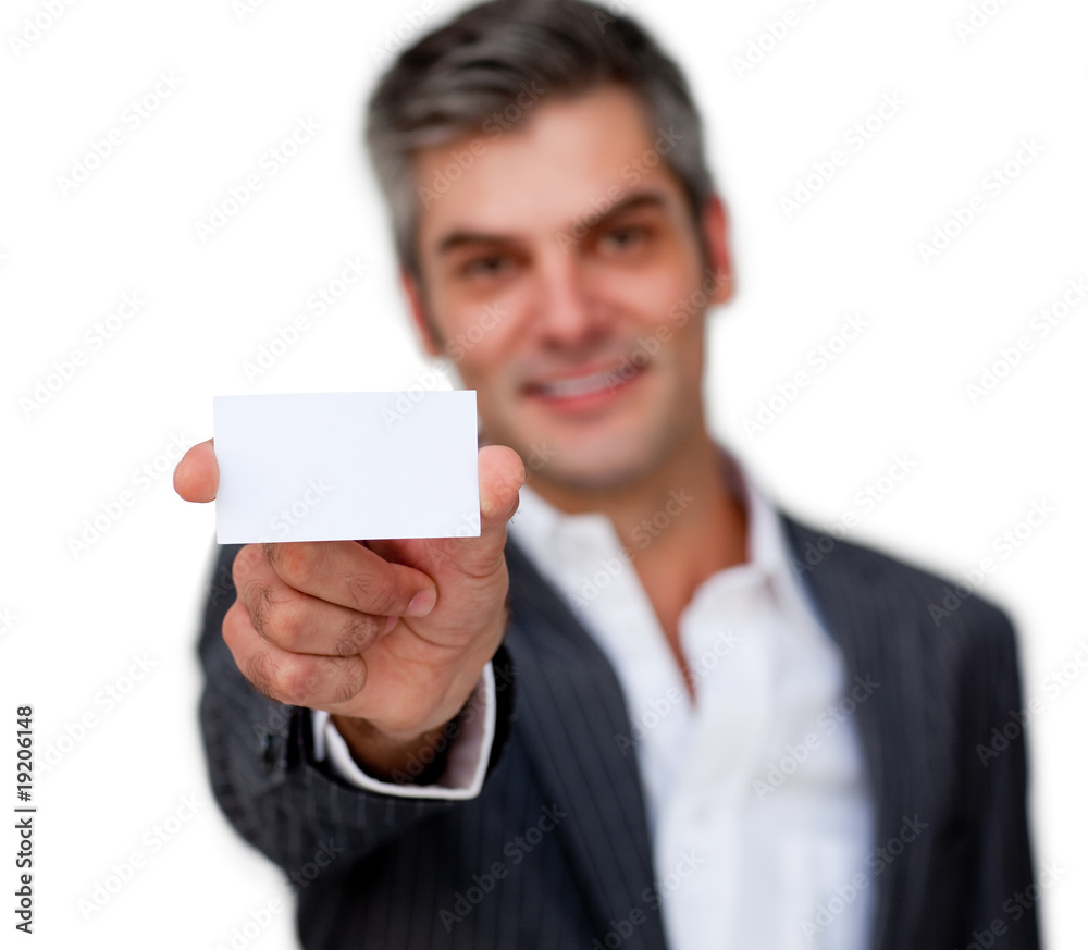 Positive businessman showing a white card Positive businessman showing a white card