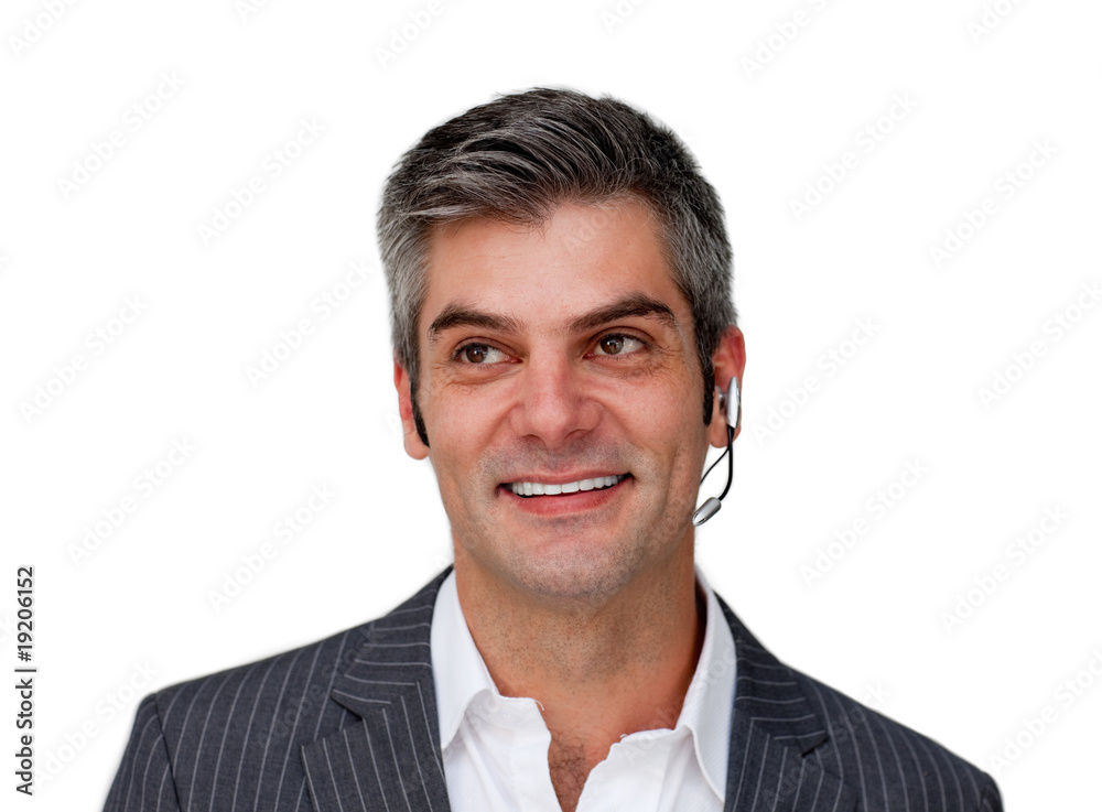 Positive businessman using headset Positive businessman using headset