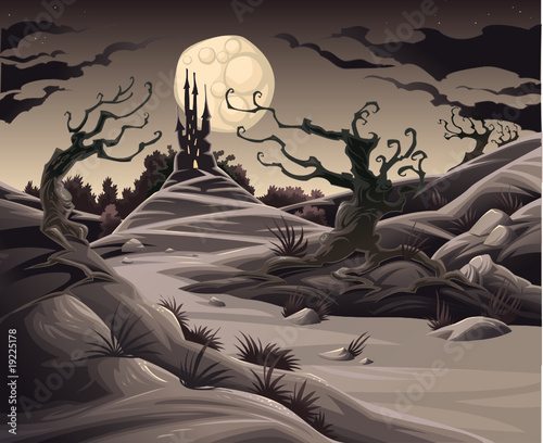 Horror landscape. Cartoon and vector illustration.