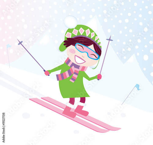 Skiing girl on snowy hill. VECTOR ILLUSTRATION.