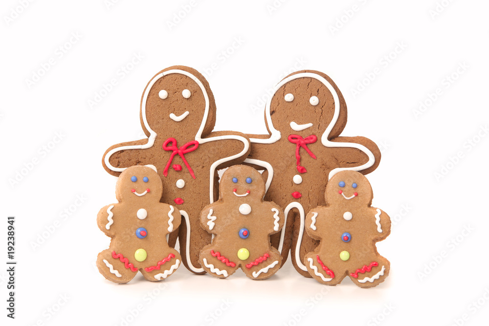 Five Gingerbread People Against a White Background