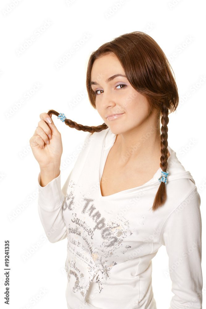 smiling young woman with pigtails flirting, isolated on white smiling young woman with pigtails flirting, isolated on white