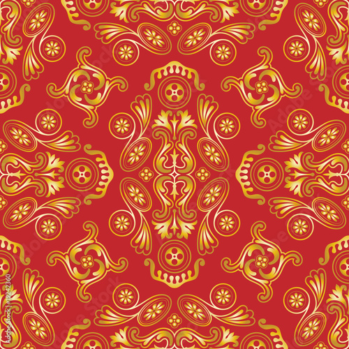 Seamless vector wallpaper with gold on red pattern