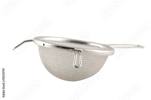 metal sieve with handle isolated on white photo