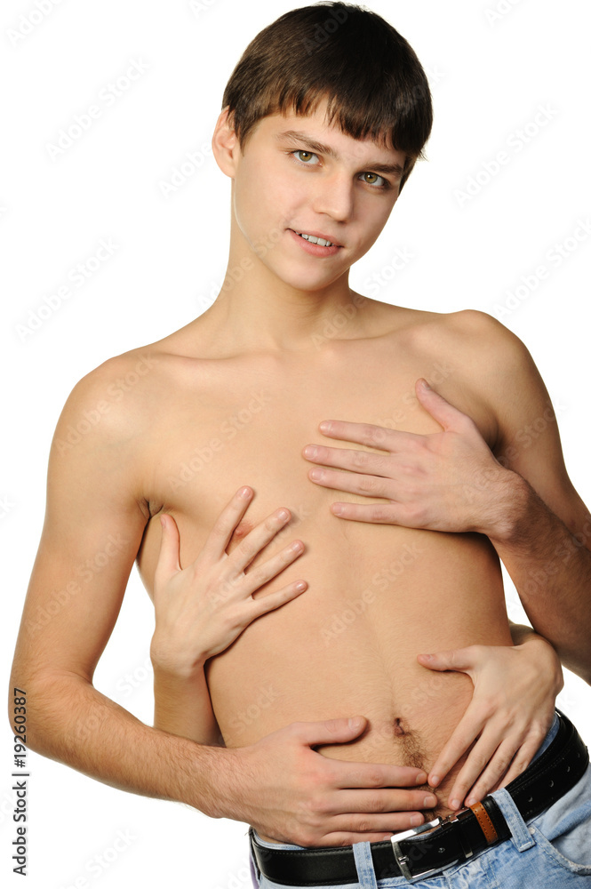 Young the man with female and hands on a torso Young the man with female and hands on a torso