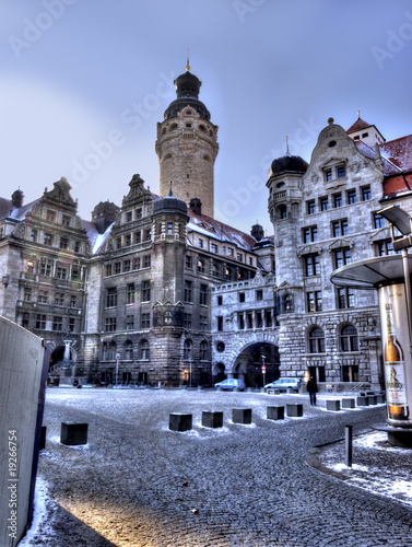 Leipziger Burgplatz mit Turm des Neuen Rathhauses in HDR photo