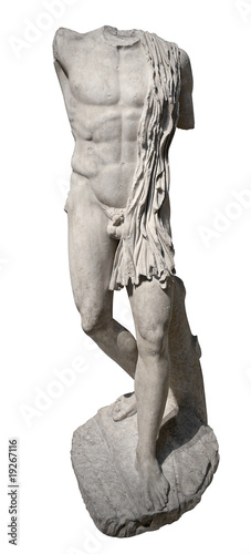Ancient headless sculpture of an athletic man isolated on white