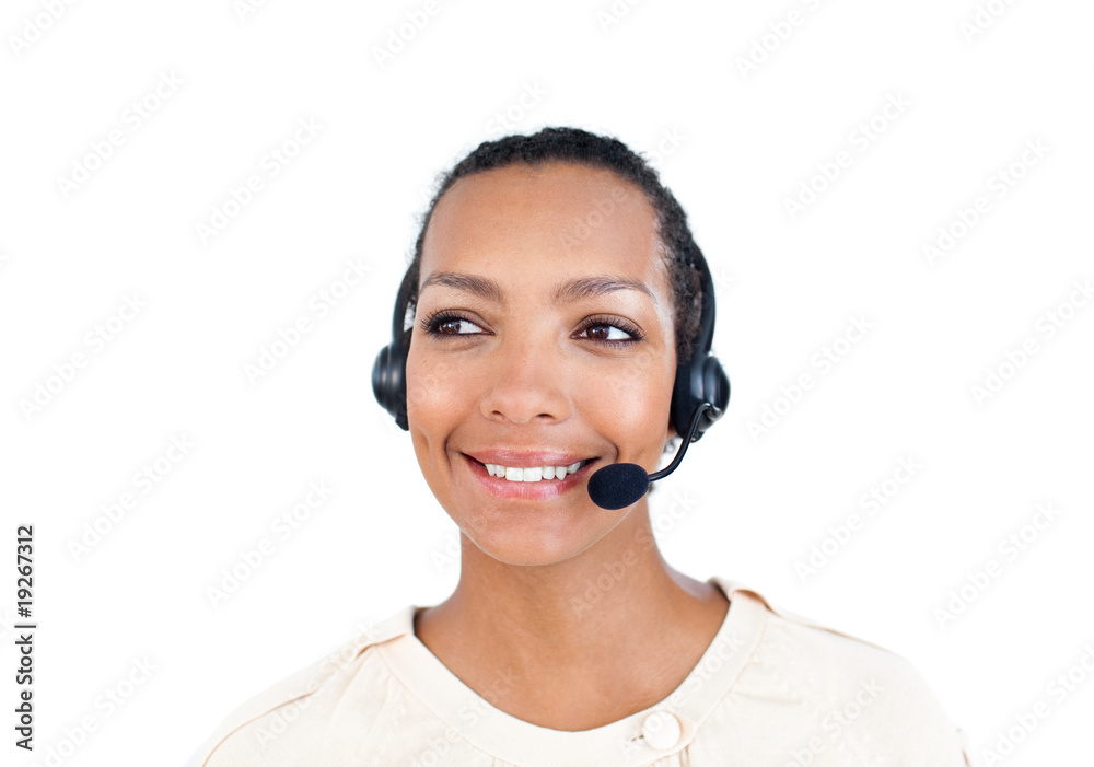 Assertive Customer service representative with headset on Assertive Customer service representative with headset on