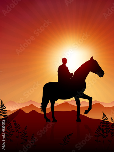 Horse and rider on sunset background