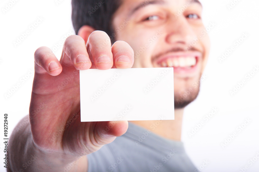 Holding up business card Holding up business card