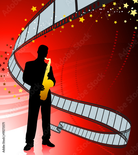 Saxophone player on film reel background