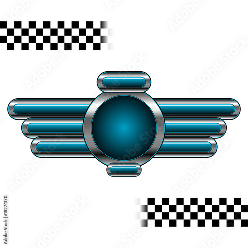 Chromo race badge with checkered stripes over white
