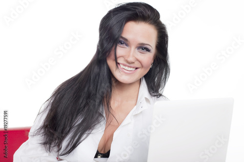 Attractive sexual woman with notebook look at you and smile