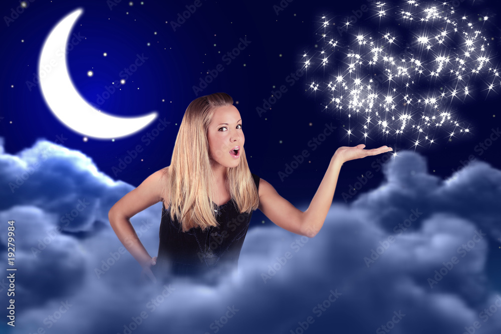 a girl holds something on hand in sky with moon and stars a girl holds something on hand in sky with moon and stars