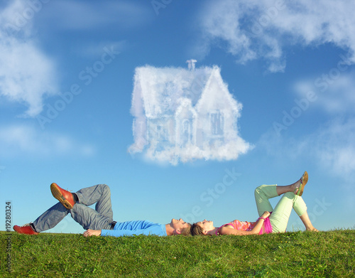 lying couple on grass and dream house collage