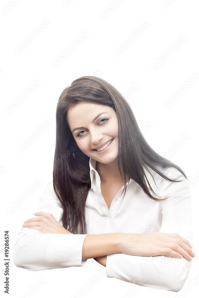 young woman in white shirt smiling isolated on white young woman in white shirt smiling isolated on white
