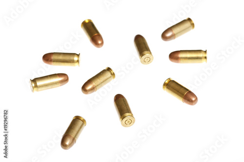 .45 caliber bullets isolated on white.