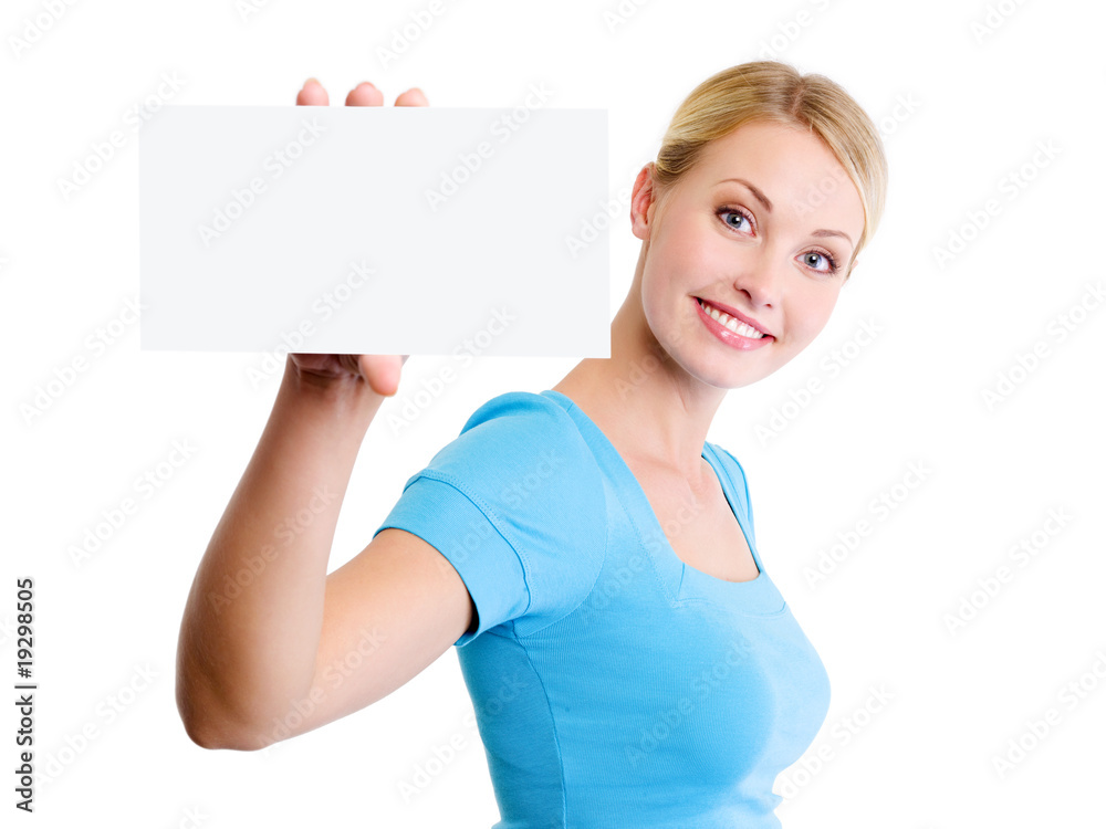 blond woman with small blank advertising card blond woman with small blank advertising card