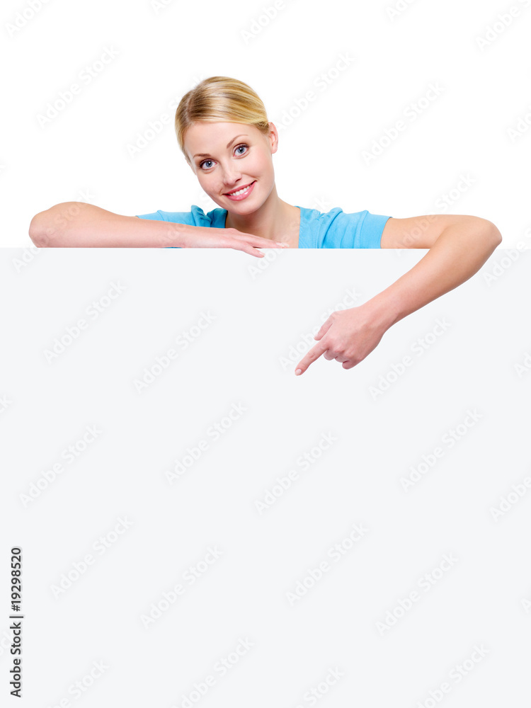 woman under the empty banner points on it woman under the empty banner points on it