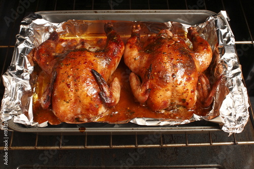 Baked Cornish game hens fresh out of the oven. photo