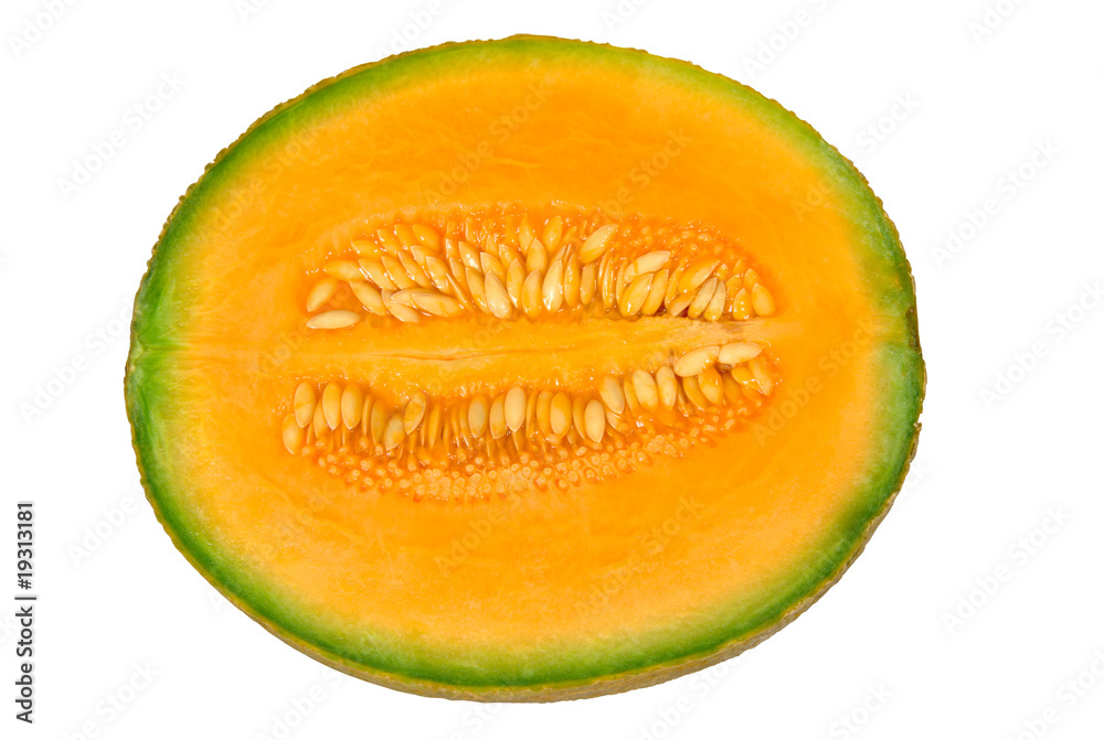 Cantaloup melon half with pulp and seeds Cantaloup melon half with pulp and seeds